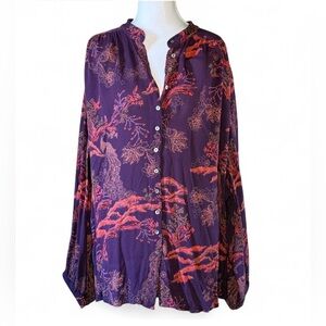 Free People Oversized Purple Bird Print Button Front Tunic Top M Boho